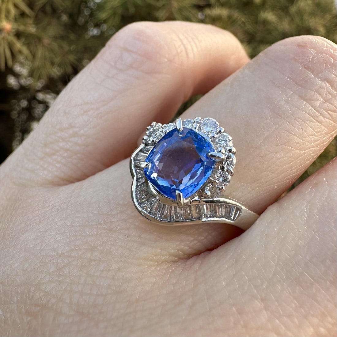 Ceylon Cushion Sapphire and Diamond Platinum Cocktail Ring with GIA Certification: Ceylon Cushion Sapphire and Diamond Platinum Cocktail Ring with GIA Certification This platinum cocktail ring features a natural, no-heat Ceylon cornflower blue sapphire in a cushion cut, weighing exa