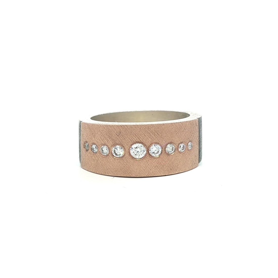 Rene Escobar 18k Rose Gold Diamond Wide Band Ring: Rene Escobar 18k Rose Gold Diamond Wide Band Ring This exquisite wide band ring features a stunning combination of solid sterling silver and 18k rose gold. It showcases nine natural round brilliant cu