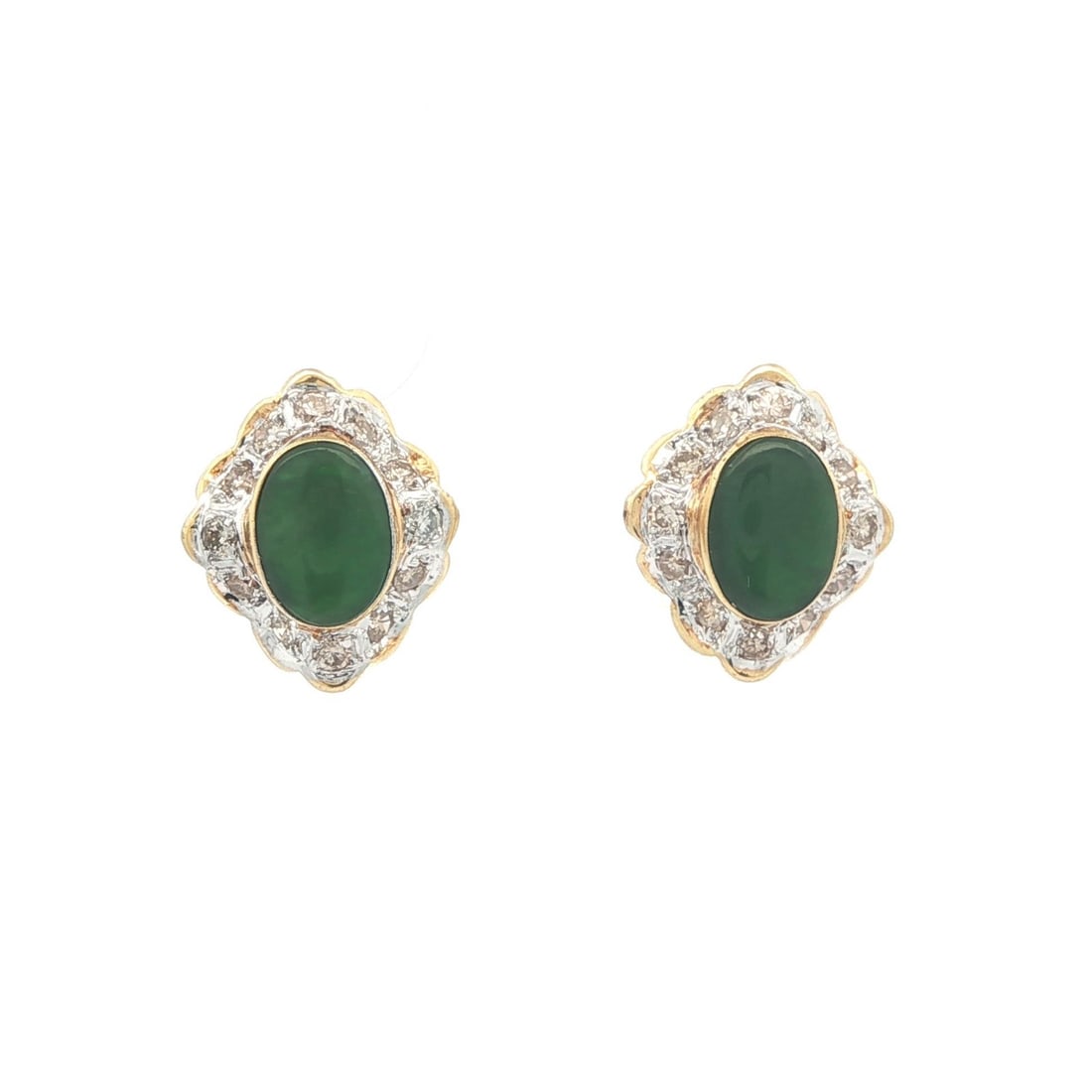 Oval Green Jade and Fancy Champagne Diamond 18k Yellow Gold Stud Earrings: Oval Green Jade and Fancy Champagne Diamond 18k Yellow Gold Stud Earrings These stud earrings showcase two natural apple bright green jade cabochons, each bezel set and measuring approximately 7.1 x 4