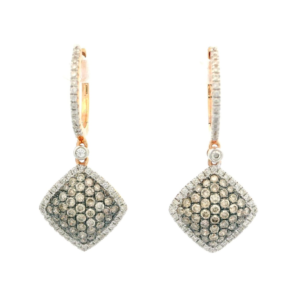 18K Rose Gold 0.85ctw Champagne White Diamond Dangle Earrings: 18K Rose Gold 0.85ctw Champagne White Diamond Dangle Earrings Enhance your elegance with these stunning 18k Rose Gold Drop Dangle Earrings, featuring a captivating blend of champagne and white diamond