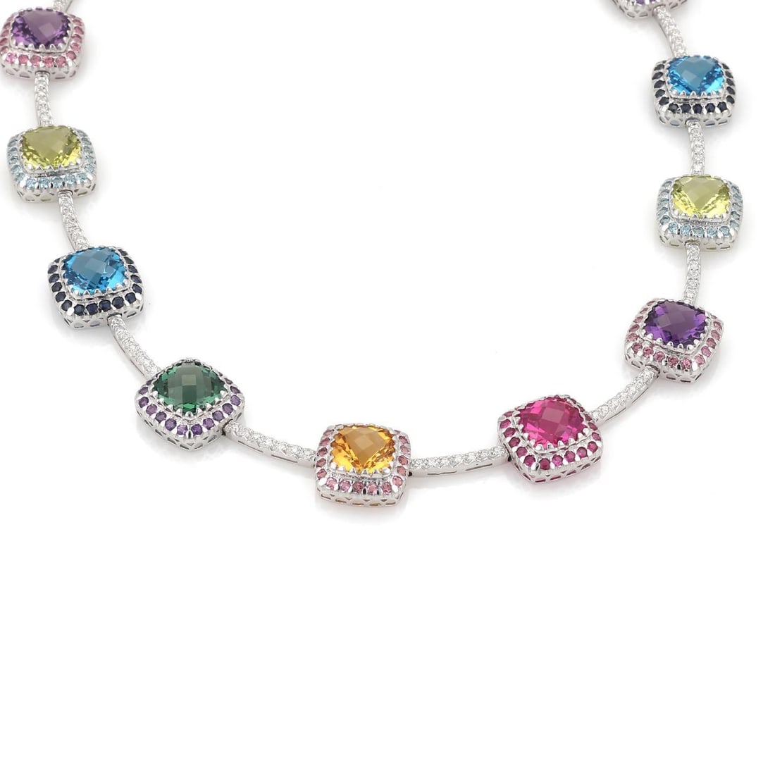 Estate 18k White Gold 2 Carat Diamond & Multicolor Gemstone Necklace: Estate 18k White Gold 2 Carat Diamond & Multicolor Gemstone Necklace This exquisite Estate necklace showcases a stunning design crafted from 18k white gold with a polished finish. It features 12 cushi