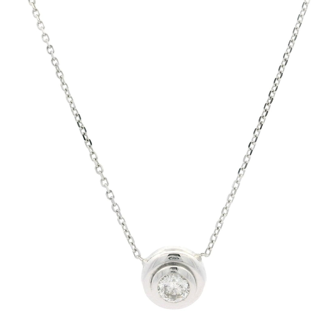 14k White Gold Adjustable Necklace with .14ct Diamond Pendant: 14k White Gold Adjustable Necklace with .14ct Diamond Pendant This exquisite necklace features a stunning 14k white gold design, showcasing a .14ct round brilliant cut diamond, expertly bezel set. The