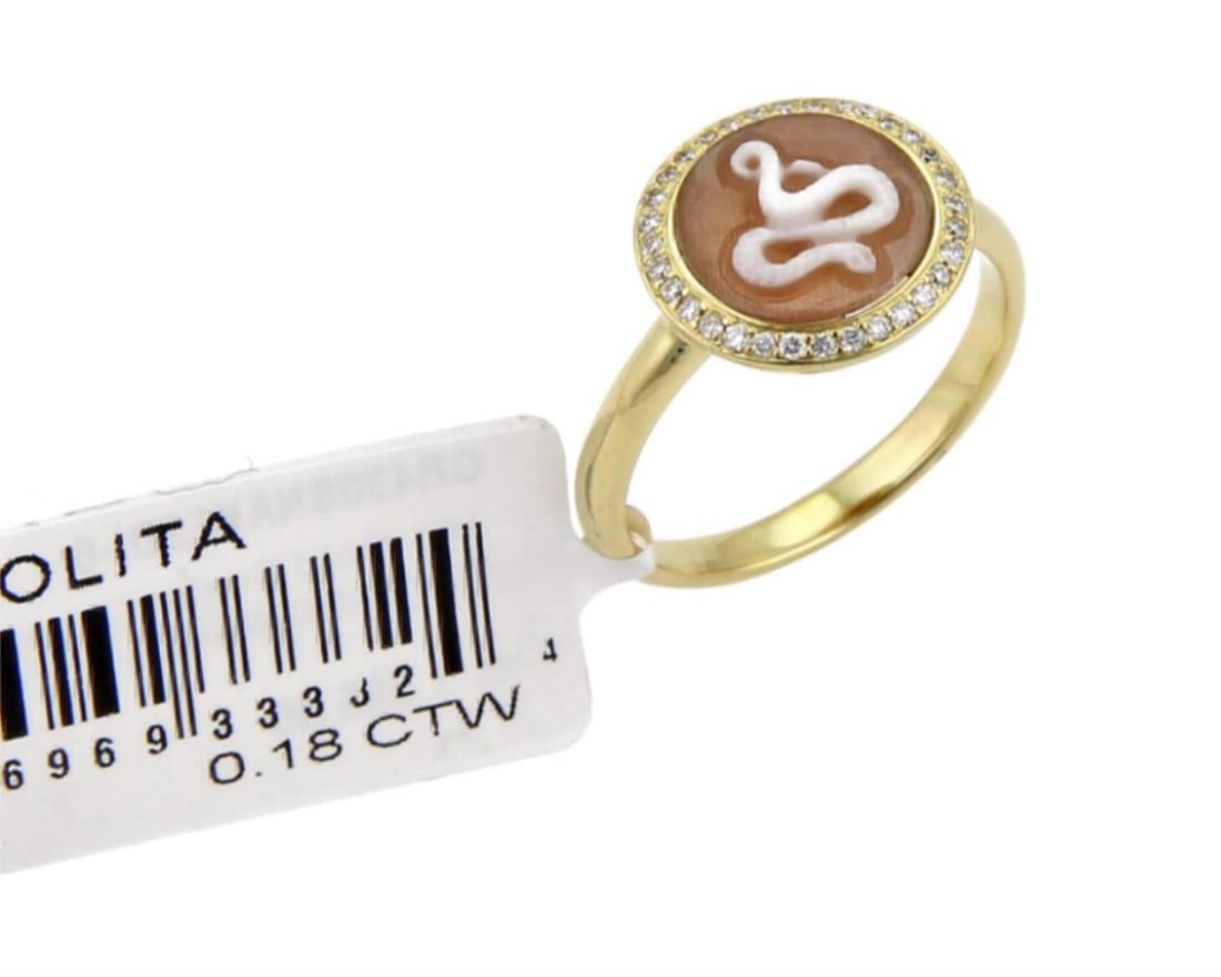 18k Yellow Gold Diamond Snake Cameo Ring by Ippolita Size 6.5: 18k Yellow Gold Diamond Snake Cameo Ring by Ippolita Size 6.5 This Ippolita ring showcases a captivating snake cameo design set in 18k yellow gold. The round cocktail ring features a diamond as its ma