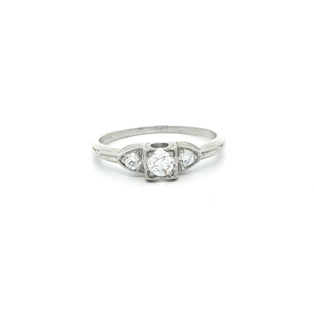 Platinum Engagement Ring with 0.35ct Old European Cut Diamond by Jabel: Platinum Engagement Ring with 0.35ct Old European Cut Diamond by Jabel This vintage Jabel engagement or promise ring features three natural Old European cut diamonds with a total weight of approximate