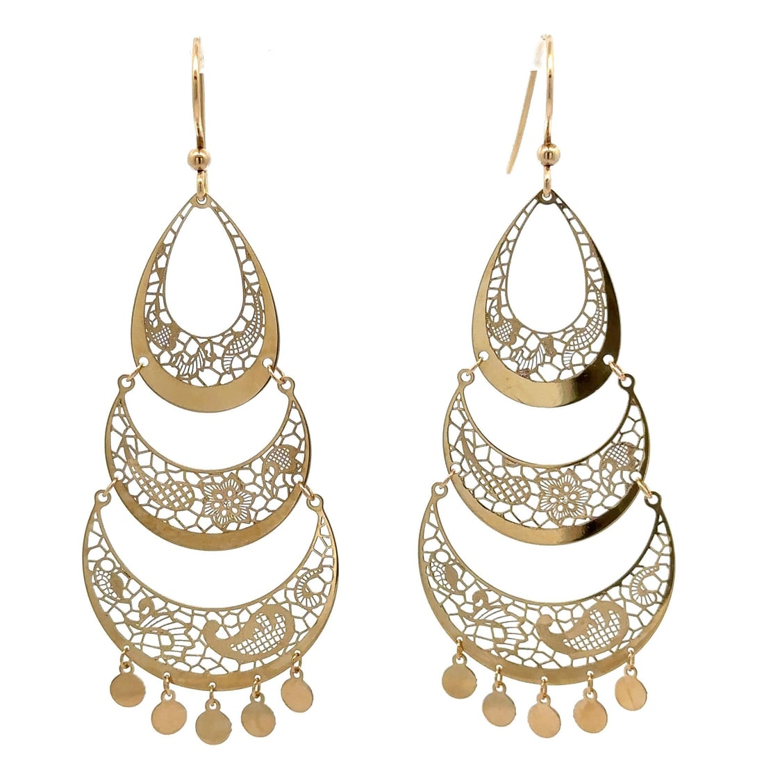 Tiered Filigree Chandelier Earrings in 14k Yellow Gold with Hook Backs: Tiered Filigree Chandelier Earrings in 14k Yellow Gold with Hook Backs These tiered chandelier earrings are crafted from solid 14k yellow gold and feature intricate filigree detailing. Designed in a d