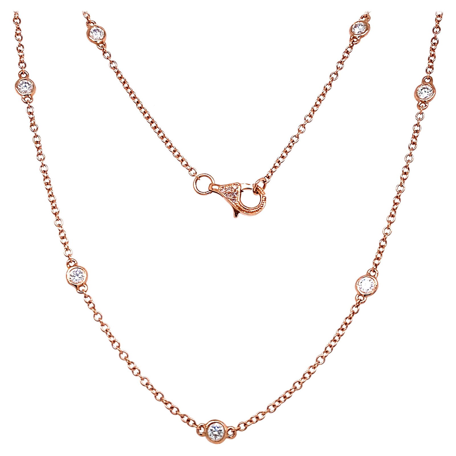 1.04ct Diamonds by the Yard Necklace in 18k Rose Gold: 1.04ct Diamonds by the Yard Necklace in 18k Rose Gold This exquisite Diamonds by the Yard necklace features 1.04 carats of stunning round brilliant diamonds set in luxurious 18k rose gold. The necklac