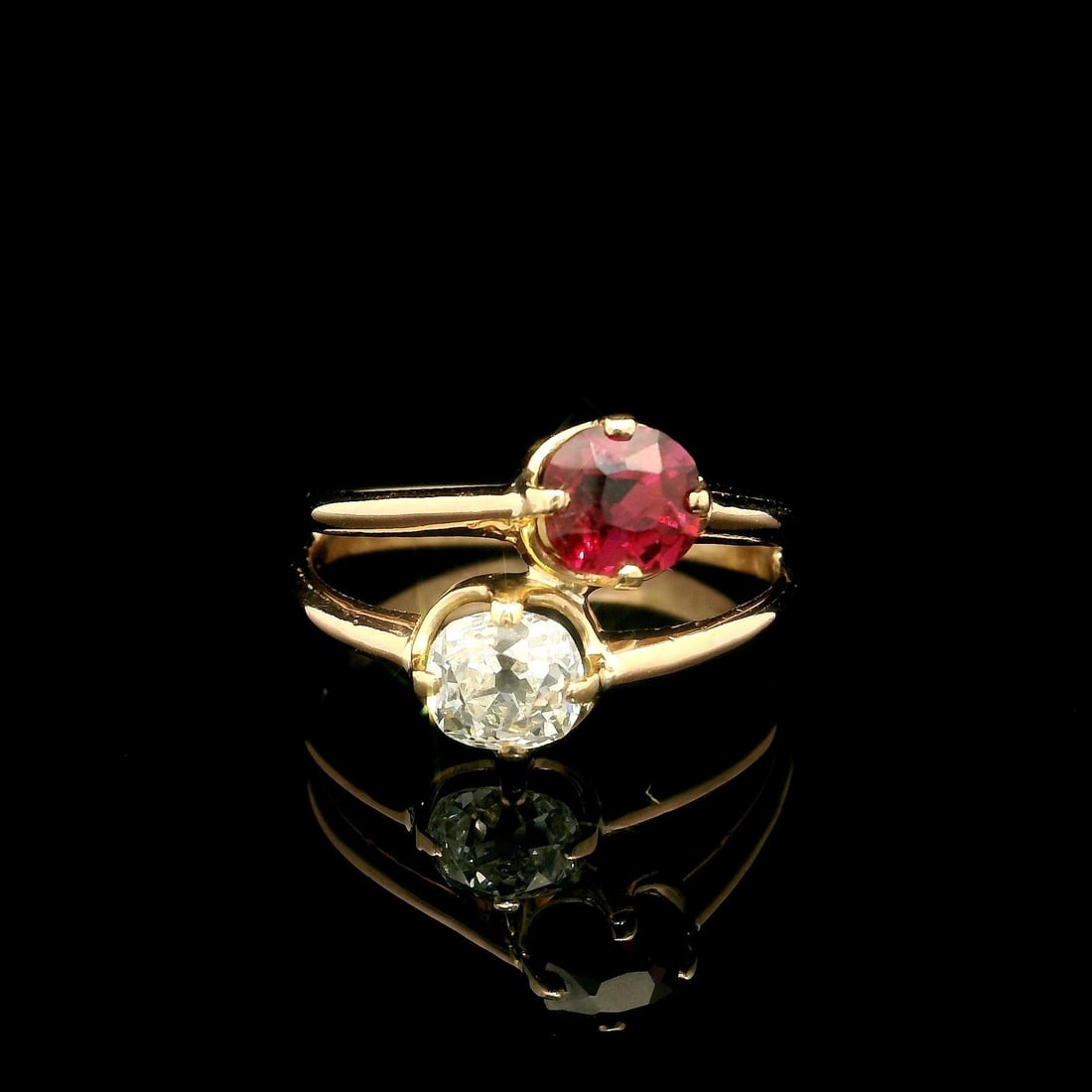 Antique Victorian 18k Rosy Gold Ruby & GIA Diamond Bypass Ring: Antique Victorian 18k Rosy Gold Ruby & GIA Diamond Bypass Ring This exquisite Antique Victorian bypass ring showcases a stunning natural genuine ruby and diamond, elegantly crafted in rosy yellow gold