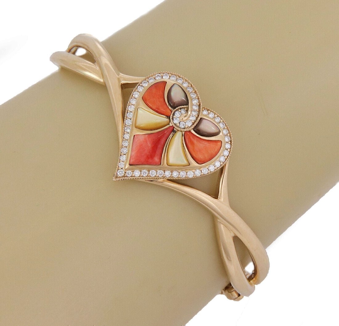 Heart Motif 14k Yellow Gold Bangle with Multicolor Gems and Diamonds by Kabana: Heart Motif 14k Yellow Gold Bangle with Multicolor Gems and Diamonds by Kabana This Kabana heart bangle bracelet showcases a vibrant mix of multicolor gems, including bronze mother of pearl, orange sp