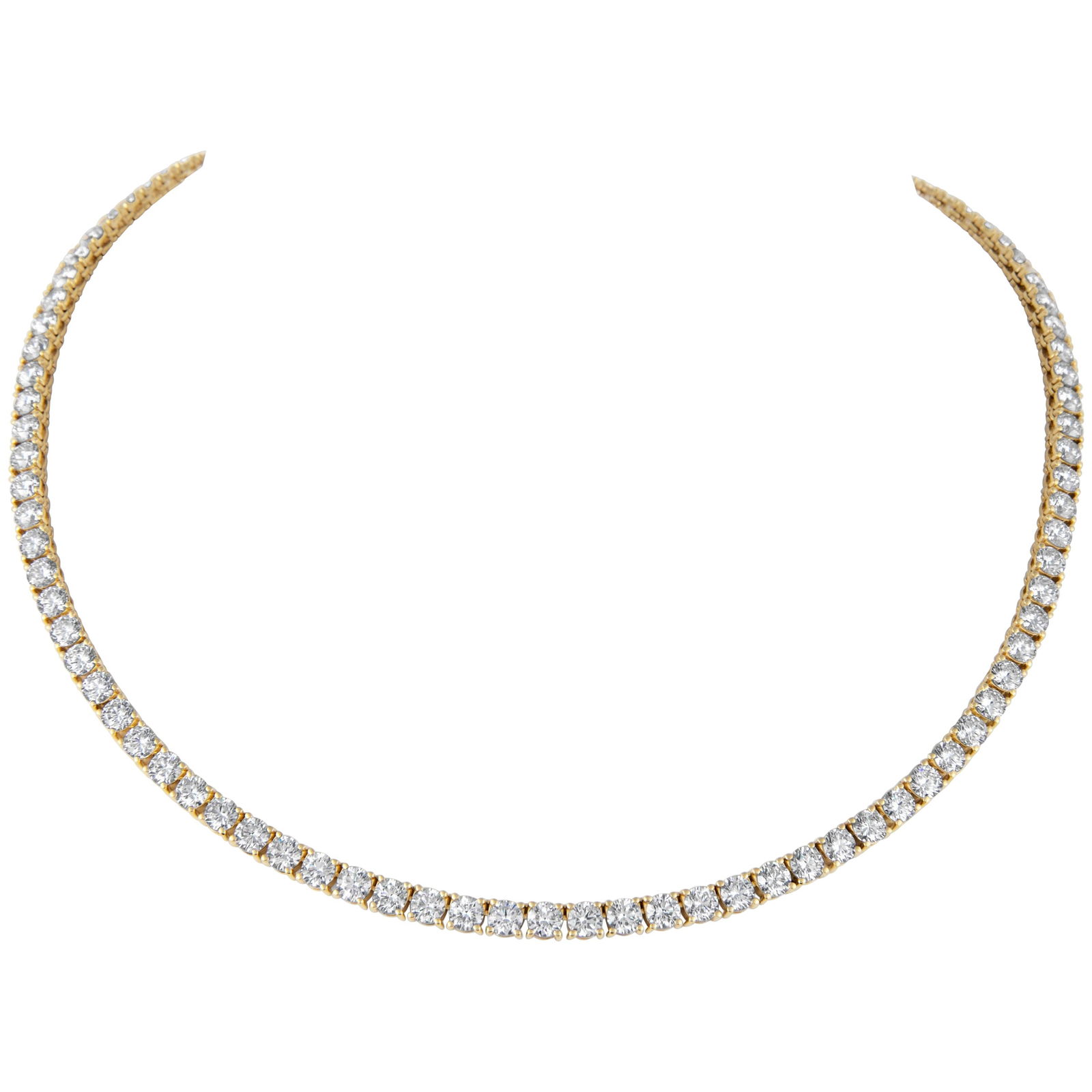 19.28ct Diamond Tennis Necklace 18k Yellow Gold: 19.28ct Diamond Tennis Necklace 18k Yellow Gold This stunning diamond tennis necklace features 99 round brilliant diamonds totaling 19.28 carats, showcasing approximately H/I color and VS1 clarity. Cr