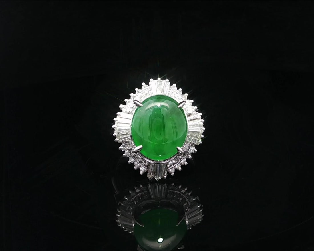 Platinum GIA Certified 4.83ctw Green Burma Jade Diamond Halo Ring: Platinum GIA Certified 4.83ctw Green Burma Jade Diamond Halo Ring This exquisite platinum ballerina ring features a stunning natural A jade stone from Burma, showcasing a vibrant happy green color. Th