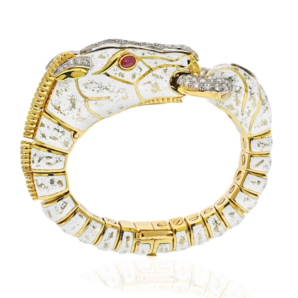 David Webb Horse Bracelet Platinum 18K Gold Enamel Diamonds Authentic: David Webb Horse Bracelet Platinum 18K Gold Enamel Diamonds Authentic This exquisite David Webb bracelet combines the elegance of platinum and 18K yellow gold with a stunning dappled white enamel
