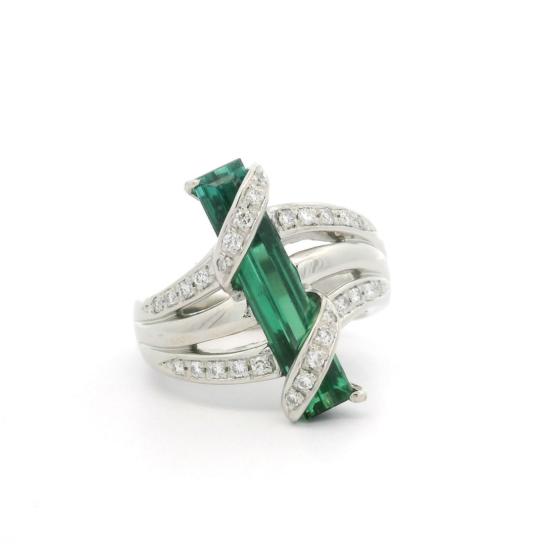 Platinum 4.13ct Green Tourmaline Diamond Wrap Cocktail Ring: Platinum 4.13ct Green Tourmaline Diamond Wrap Cocktail Ring This exquisite custom wrap ring features a stunning long green tourmaline, weighing 3.76 carats, elegantly set in solid platinum. The natura