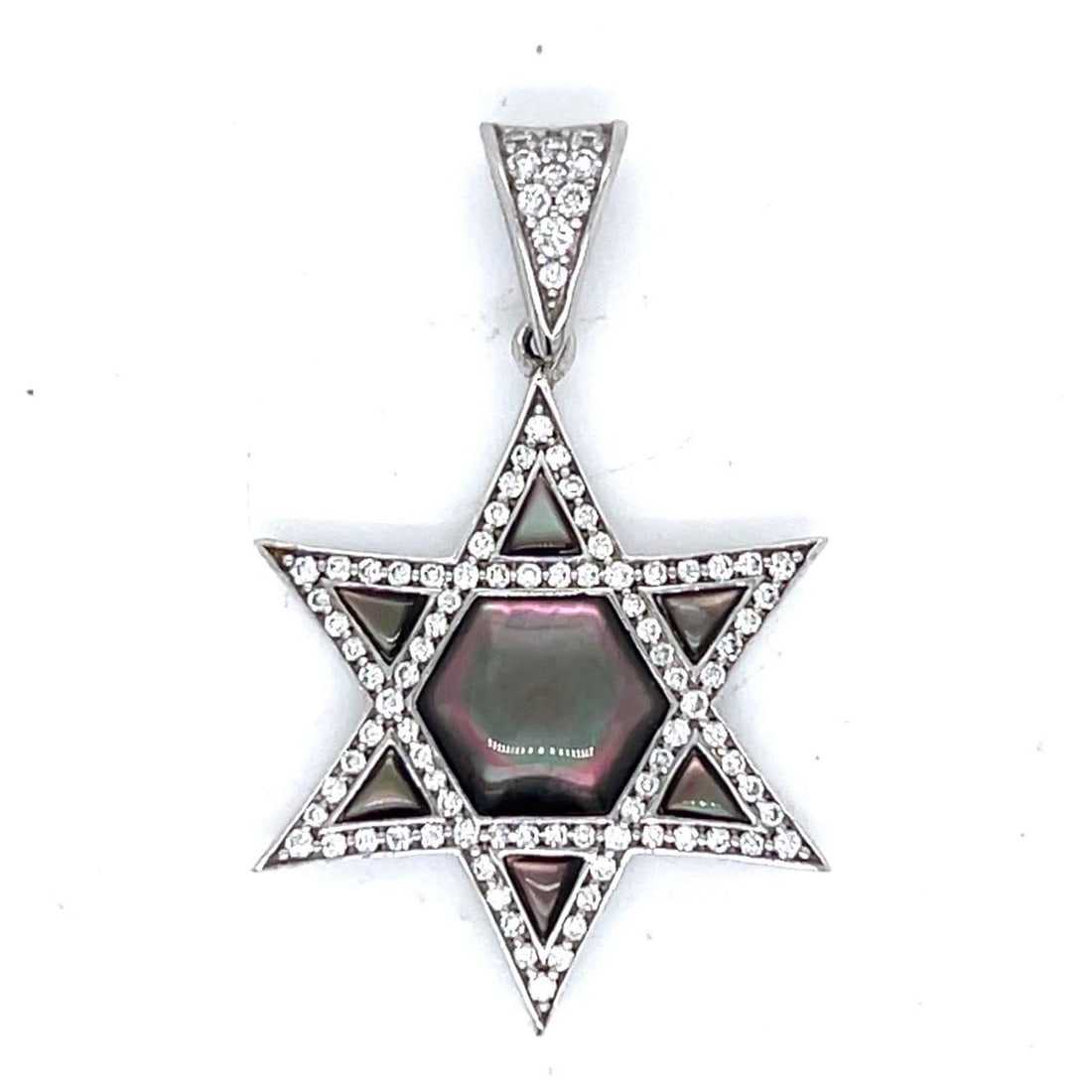 Star of David Pendant 14K White Gold Black Mother of Pearl Diamond Accent: Star of David Pendant 14K White Gold Black Mother of Pearl Diamond Accent This pendant features a Star of David design crafted in 14K white gold, adorned with black mother of pearl and set with 0.41 c