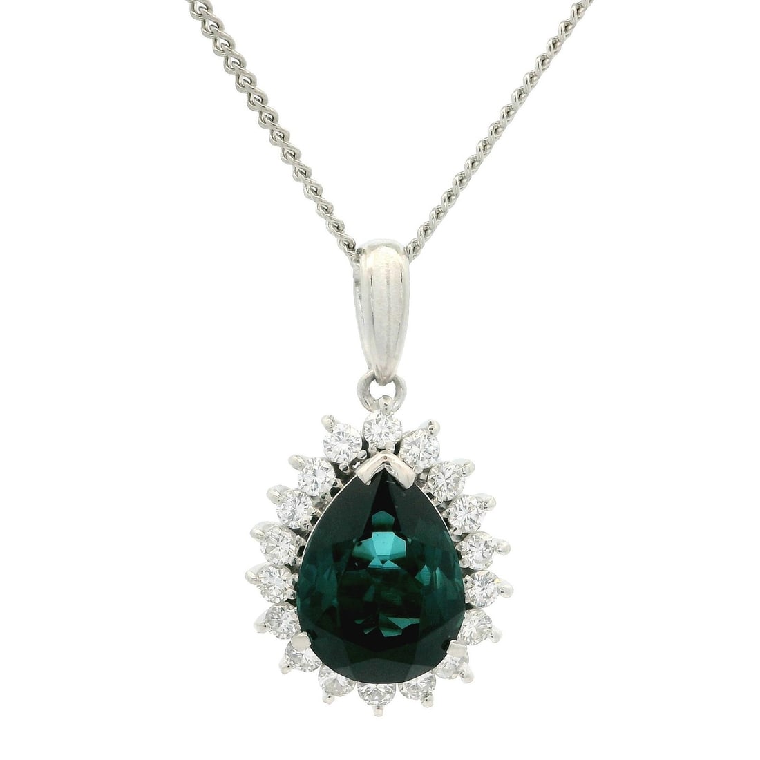 Platinum GIA Certified 3.74ct Bluish Green Tourmaline Diamond Halo Pendant Necklace: Platinum GIA Certified 3.74ct Bluish Green Tourmaline Diamond Halo Pendant Necklace This exquisite Platinum GIA 3.74ctw Bluish Green Pear Tourmaline Diamond Halo Pendant Necklace features a stunning n