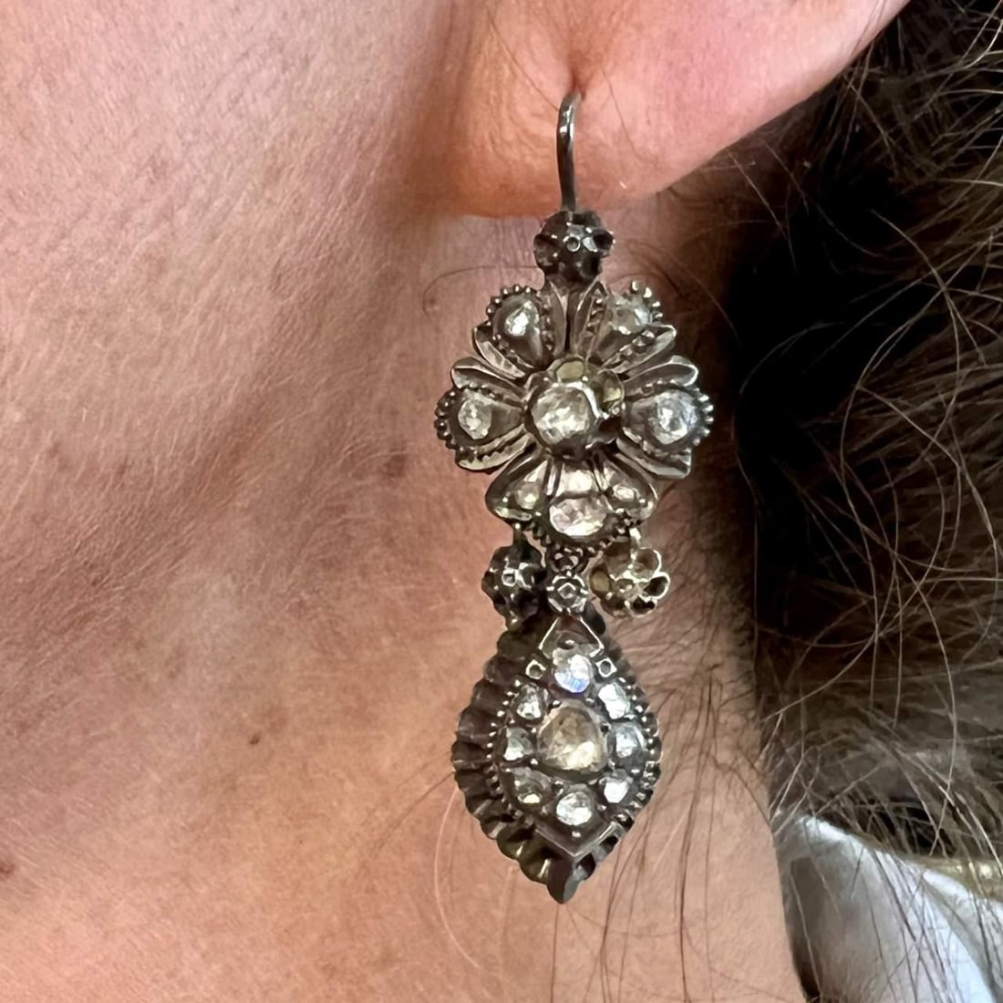 Antique Victorian Silver Earrings with 1.50 Ct Rose-Cut Diamonds: Antique Victorian Silver Earrings with 1.50 Ct Rose-Cut Diamonds These exquisite Antique Victorian Silver Diamond Earrings are a stunning addition to any jewelry collection. Crafted from silver, they