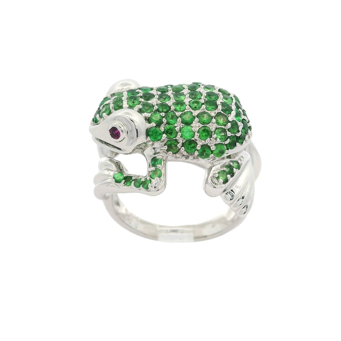 18k White Gold Frog Cocktail Ring with Tsavorite and Ruby Eyes: 18k White Gold Frog Cocktail Ring with Tsavorite and Ruby Eyes This exquisite cocktail ring features a detailed frog design, crafted in solid 18k white gold. The ring showcases numerous natural round