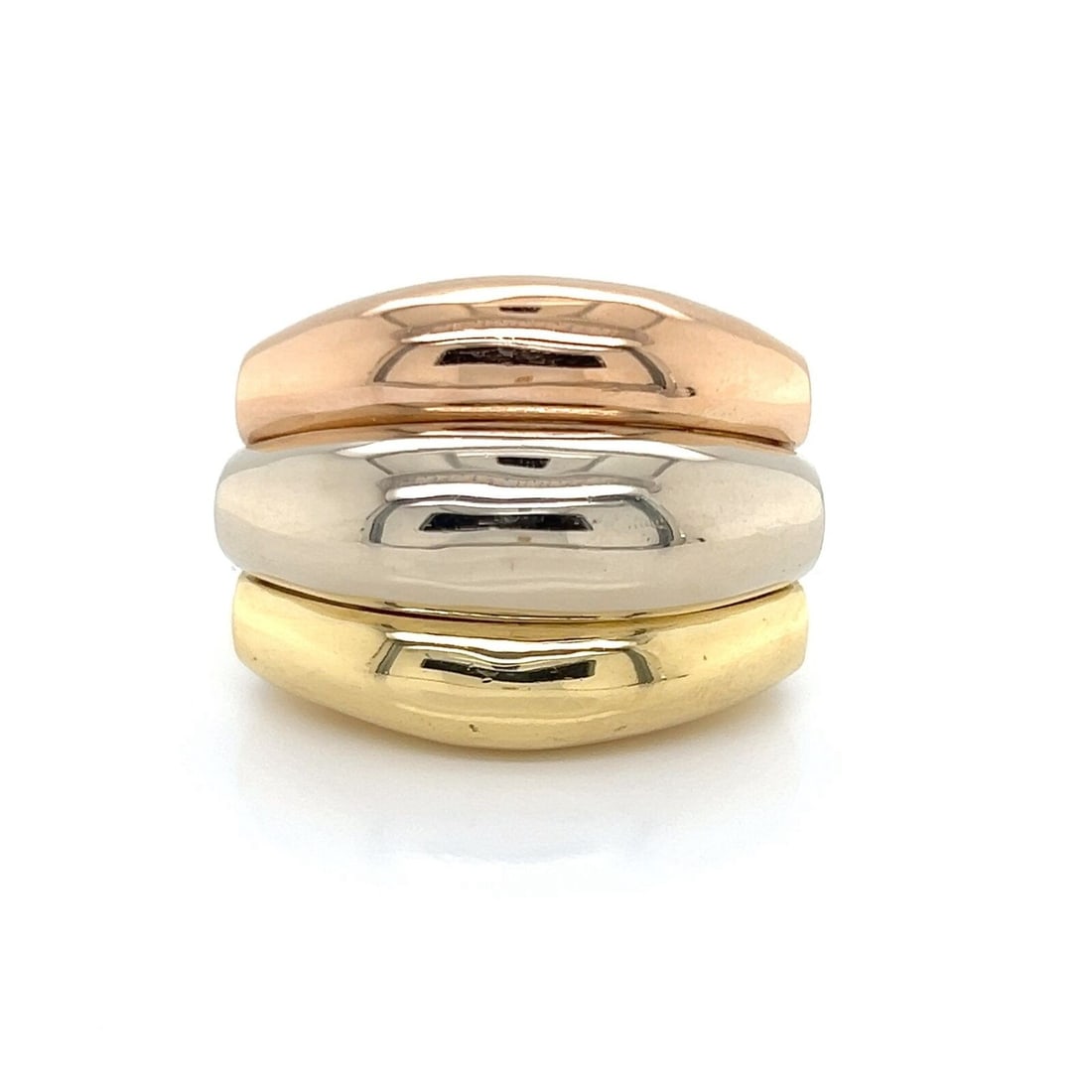 18k Tri-Tone Gold Dome Ring with Curved Top Triple Row Size 6.5: 18k Tri-Tone Gold Dome Ring with Curved Top Triple Row Size 6.5 This triple row dome ring showcases 18k tri-color gold in yellow, rose, and white tones. The ring features a curved top design, is signe