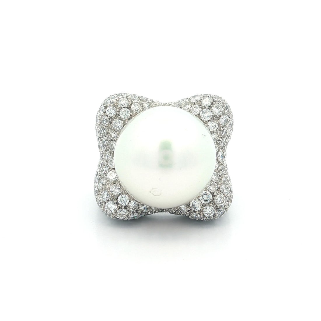 Large South Sea Pearl and Diamond Pave Ring in 18k White Gold: Large South Sea Pearl and Diamond Pave Ring in 18k White Gold This cocktail ring features a large, genuine cultured South Sea pearl measuring approximately 14.6mm with a beautiful white color and pink