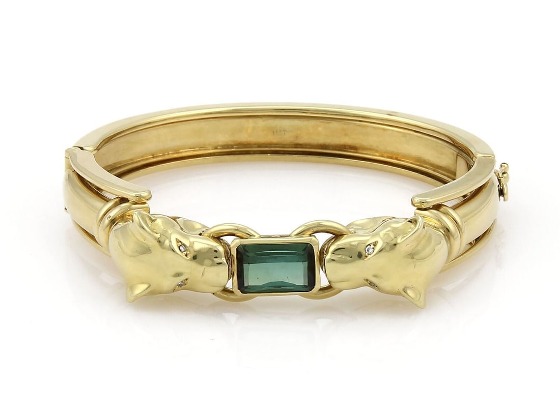 18k Two Tone Gold Bangle Bracelet with Panther Head Green Tourmaline and Diamonds (1 of 5)