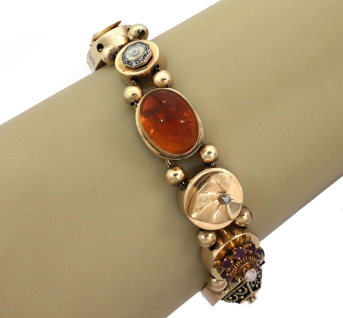 Vintage 10 Slide 14k Yellow Gold Charm Bracelet With Diamonds and Gemstones (1 of 6)