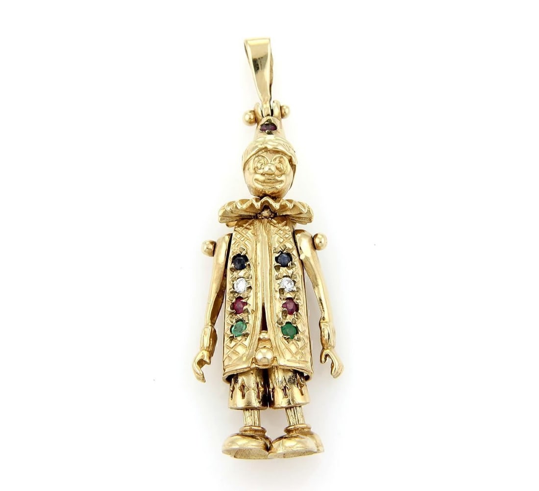 9k Yellow Gold Clown Pendant with Animated Movable Diamond and Gemstone Accents (1 of 5)