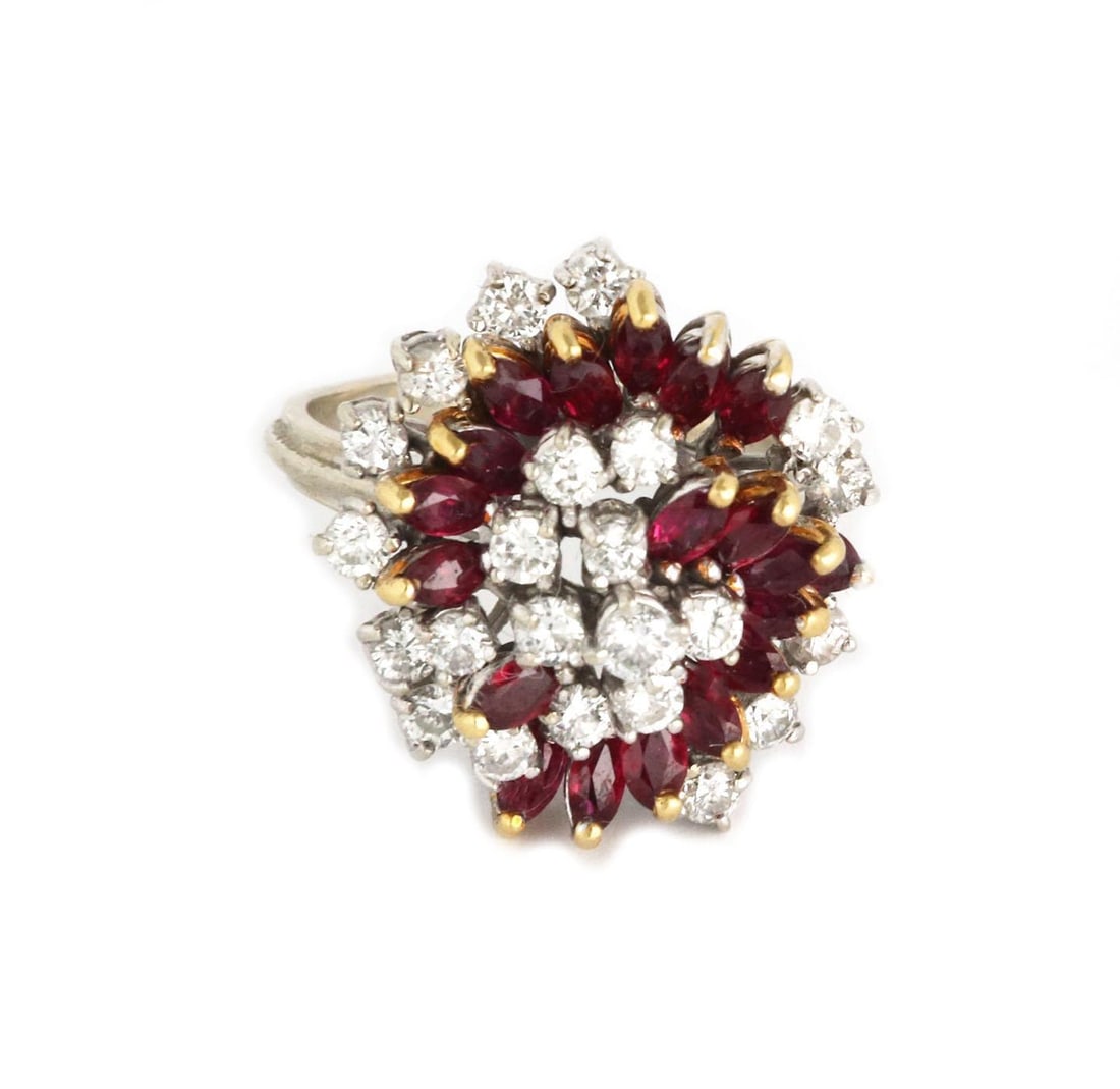 14k Two-Tone Gold Spiral Cocktail Ring with 3.00ct Diamonds and Rubies: 14k Two-Tone Gold Spiral Cocktail Ring with 3.00ct Diamonds and Rubies This exquisite estate cocktail ring showcases a stunning combination of 14k yellow and white gold. The ring features a unique spi