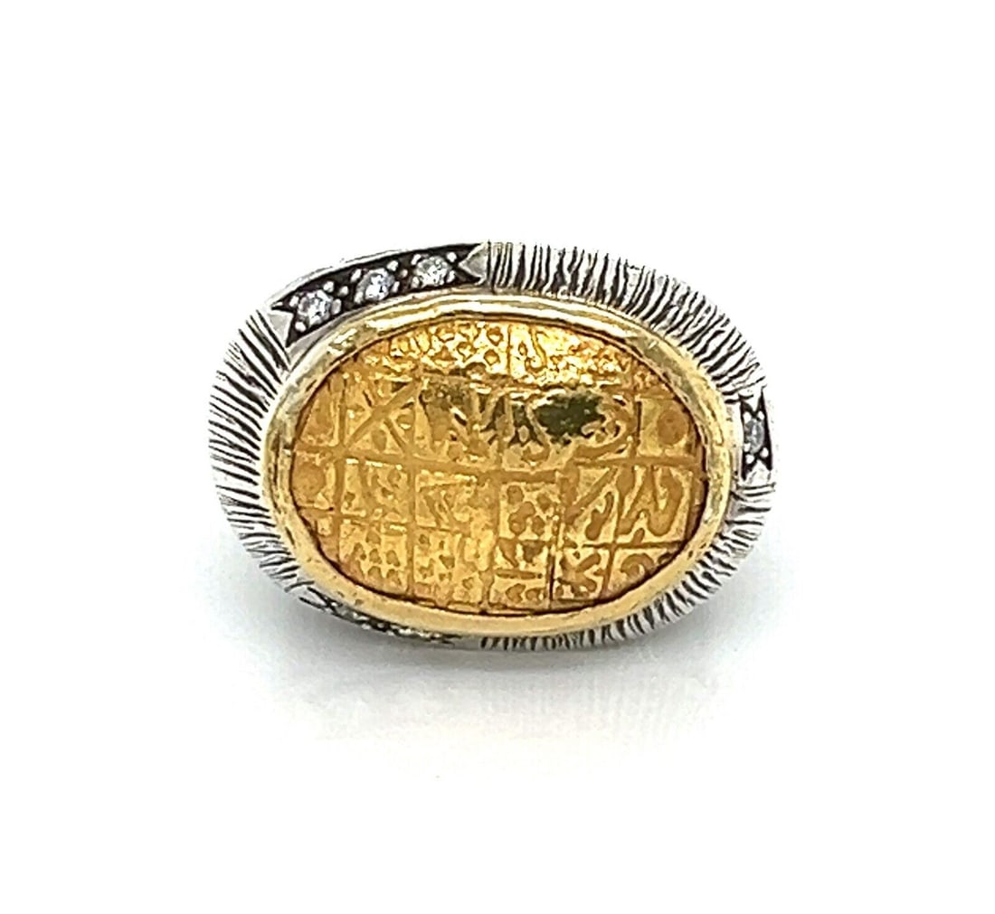 Textured Oval Top Diamond Ring in 24k Gold and Sterling Silver Size 5.5: Textured Oval Top Diamond Ring in 24k Gold and Sterling Silver Size 5.5 This ring by Kurtulan features a textured oval top set with a 0.13ct diamond, crafted from 24k gold and sterling silver. The pie