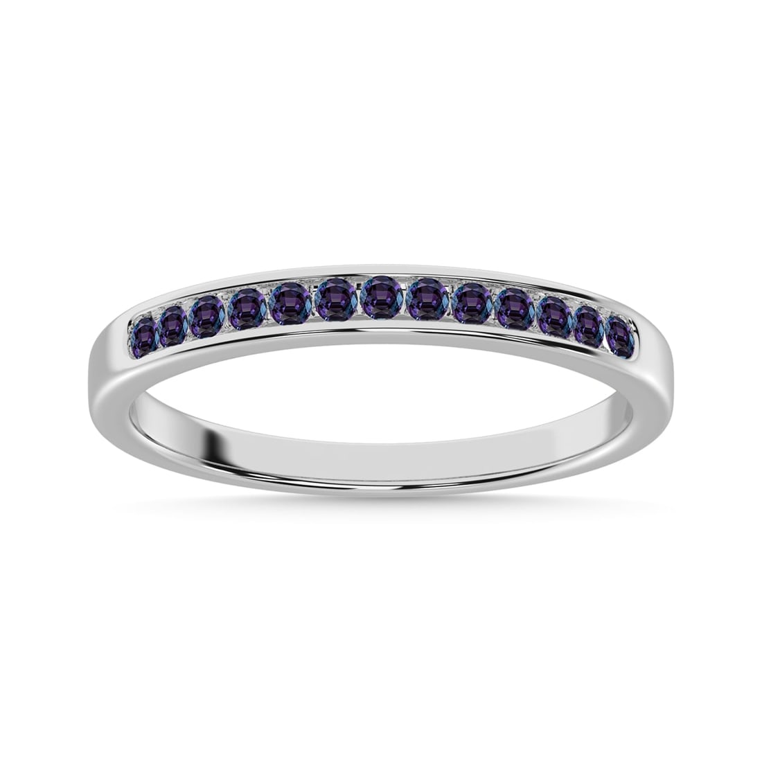 Synthetic Alexandrite 1/4 Ct.Tw. Ladies Machine Band in 14K White Gold: Synthetic Alexandrite 1/4 Ct.Tw. Ladies Machine Band in 14K White Gold 14k White Gold Stone Color: G-h Each ring is presented in standard size 6.5. Complimentary resizing is available between sizes 51