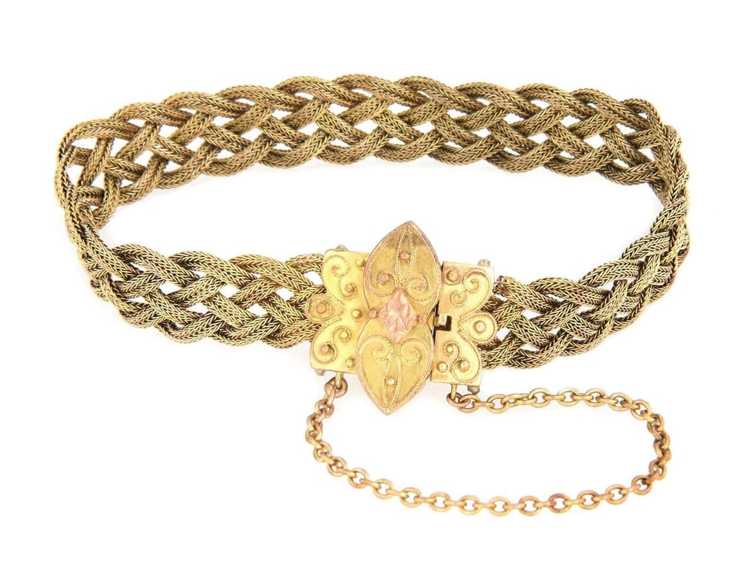 Floral Design 18k Yellow and Rose Gold Braided Chain Bracelet (1 of 5)