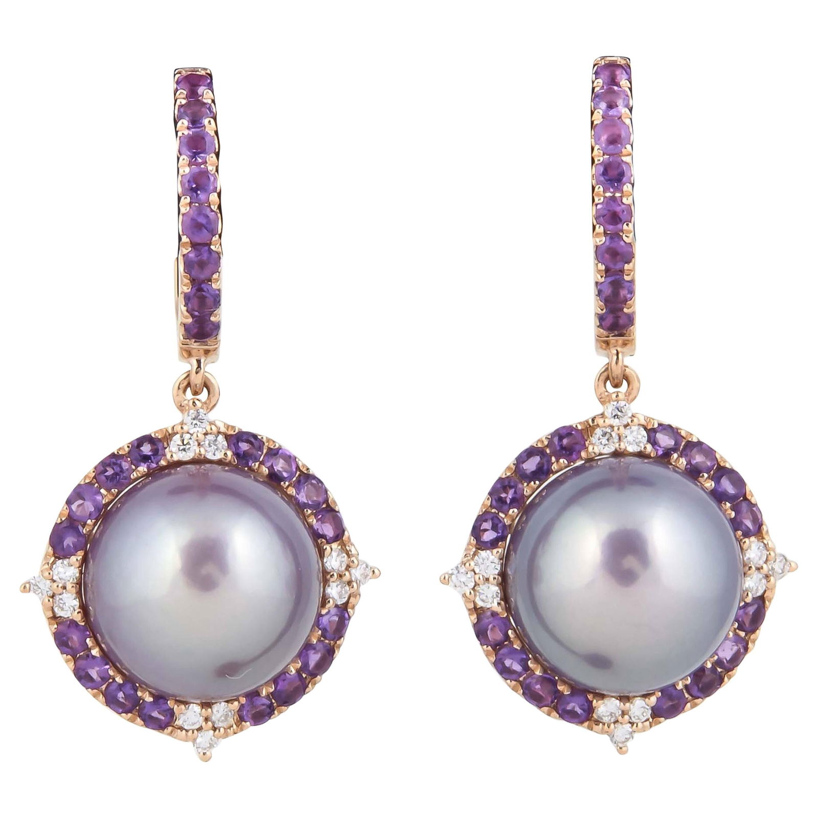 18K Rose Gold Amethyst Diamond Freshwater Pearl Dangle Earrings (1 of 6)