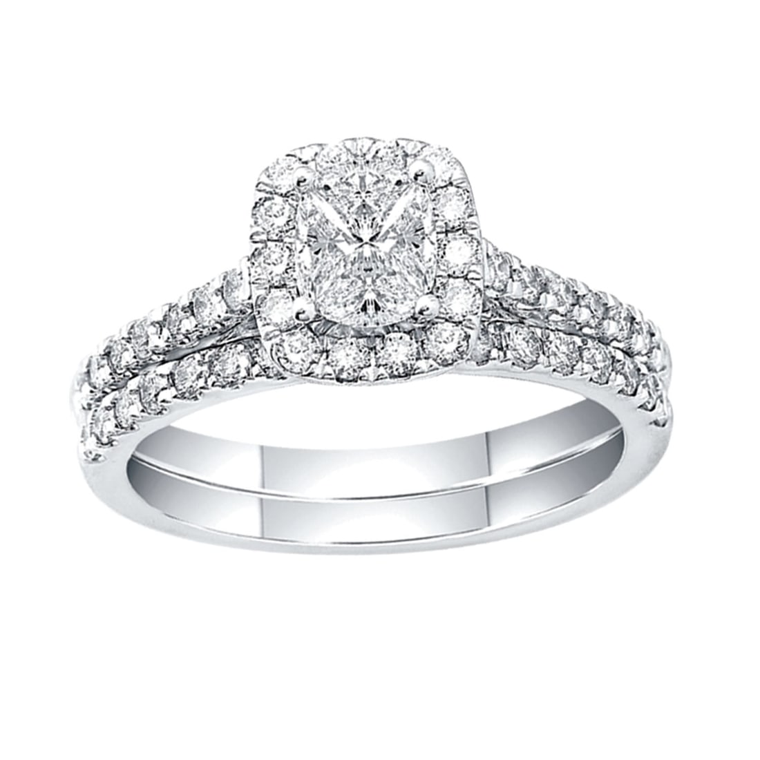 Lovecuts 14K White Gold 1 1/2 Ct.Tw. Diamond Bridal Ring: Lovecuts 14K White Gold 1 1/2 Ct.Tw. Diamond Bridal Ring This eye-catching Bridal ring is available in 14K White Gold. There are 49 round diamonds with a total carat weight of 1 1/2 Ct.Tw. set in a mi