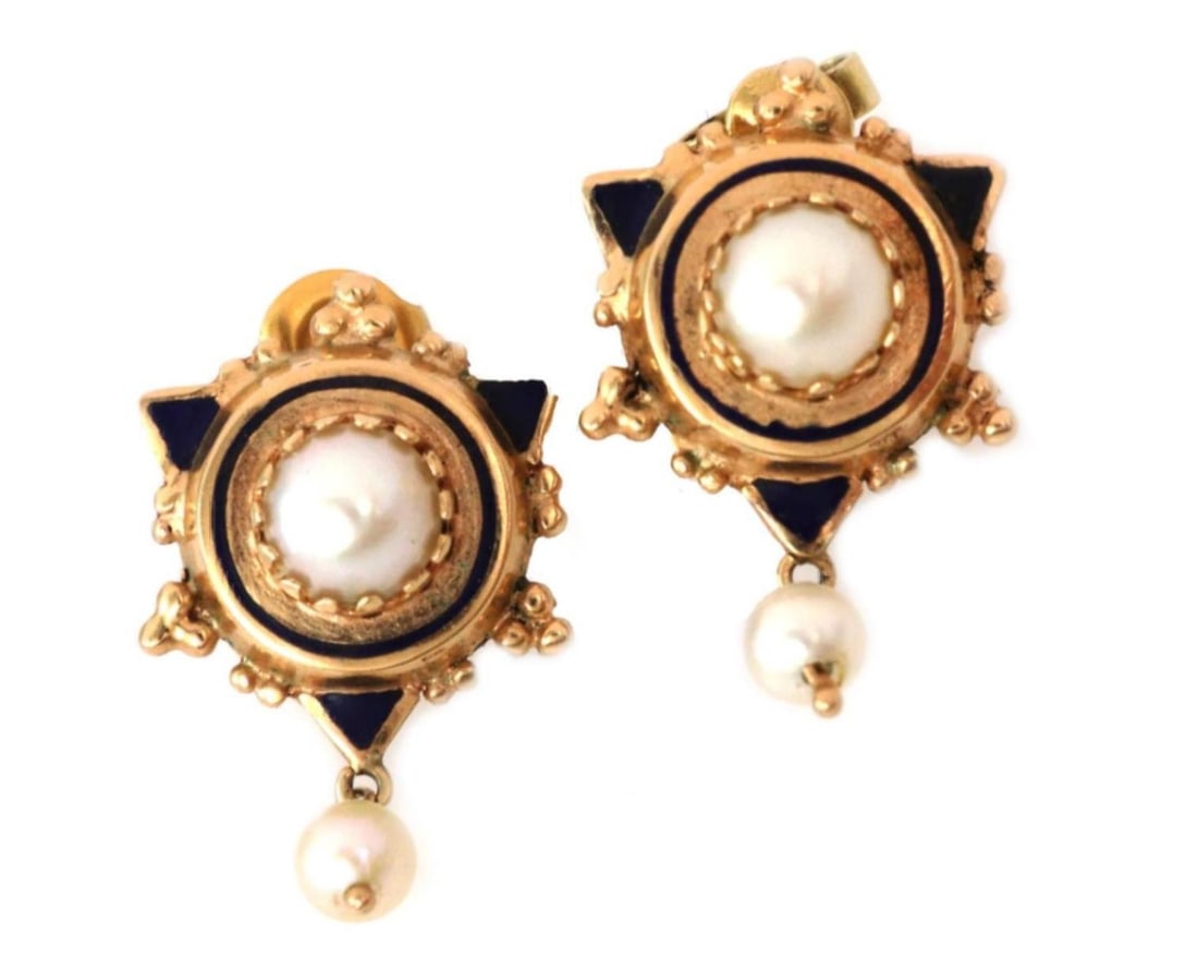 Dangle Earrings with Pearls and Blue Enamel in 14k Yellow Gold: Dangle Earrings with Pearls and Blue Enamel in 14k Yellow Gold These dangle/drop earrings feature lustrous pearls accented by blue enamel, set in 14k yellow gold. The design offers a sophisticated and