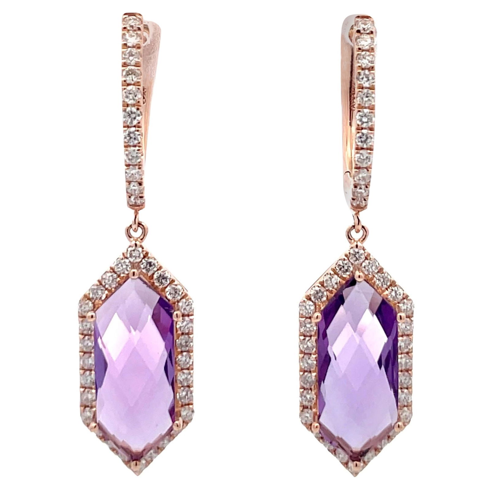 Harbor Diamonds 14KT Rose Gold Amethyst Diamond Halo Drop Earrings 5.74 Carats: Harbor Diamonds 14KT Rose Gold Amethyst Diamond Halo Drop Earrings 5.74 Carats Elevate your elegance with these stunning drop earrings crafted from 14KT rose gold. Each earring features a beautiful he