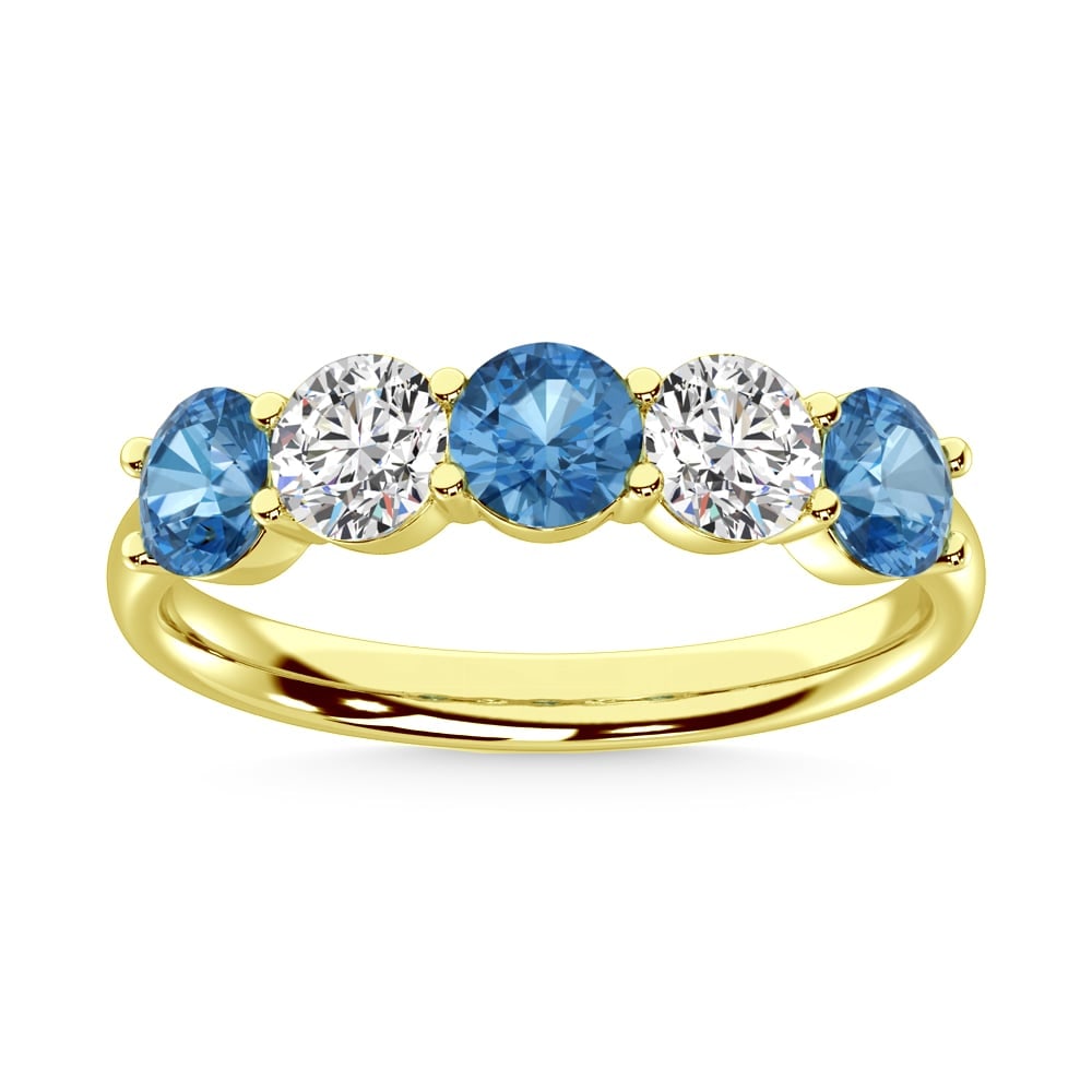 14K Yellow Gold 1 Ct.Tw. 5 Stone Alternate Yellow and Blue Lab Grown Diamond Band: 14K Yellow Gold 1 Ct.Tw. 5 Stone Alternate Yellow and Blue Lab Grown Diamond Band Radiating warmth and sophistication, this 14K Yellow Gold Band, set with 1 Ct.Tw. of alternating Yellow and Blue Lab G