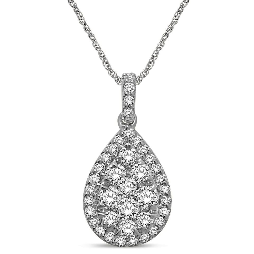 14K White Gold 1 1/5 Ct.tw Diamond Fashion Pendant: 14K White Gold 1 1/5 Ct.tw Diamond Fashion Pendant Stunning 14K white gold 1 1/5 Ct.Tw. diamond fashion Pendant features a pear shape cluster head and surrounded by a frame of shimmering diamonds. Add