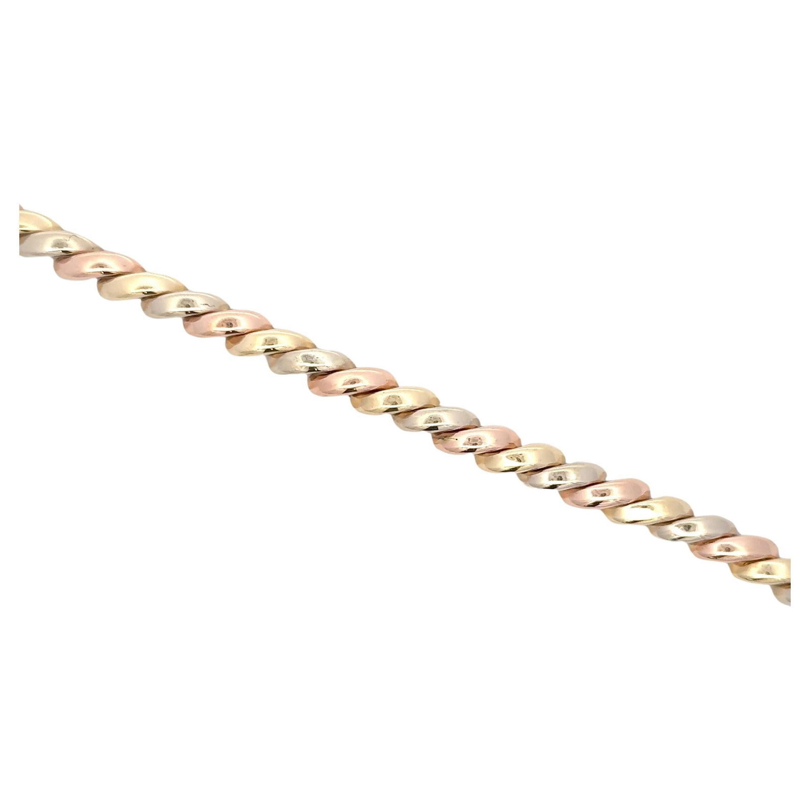SanMarco Tri-Color 14K Gold Bracelet 22.7g Contemporary Italy 7.38in: SanMarco Tri-Color 14K Gold Bracelet 22.7g Contemporary Italy 7.38in This stunning SanMarco bracelet showcases a beautiful tri-color design featuring links crafted from 14 karat gold in rose, white, a
