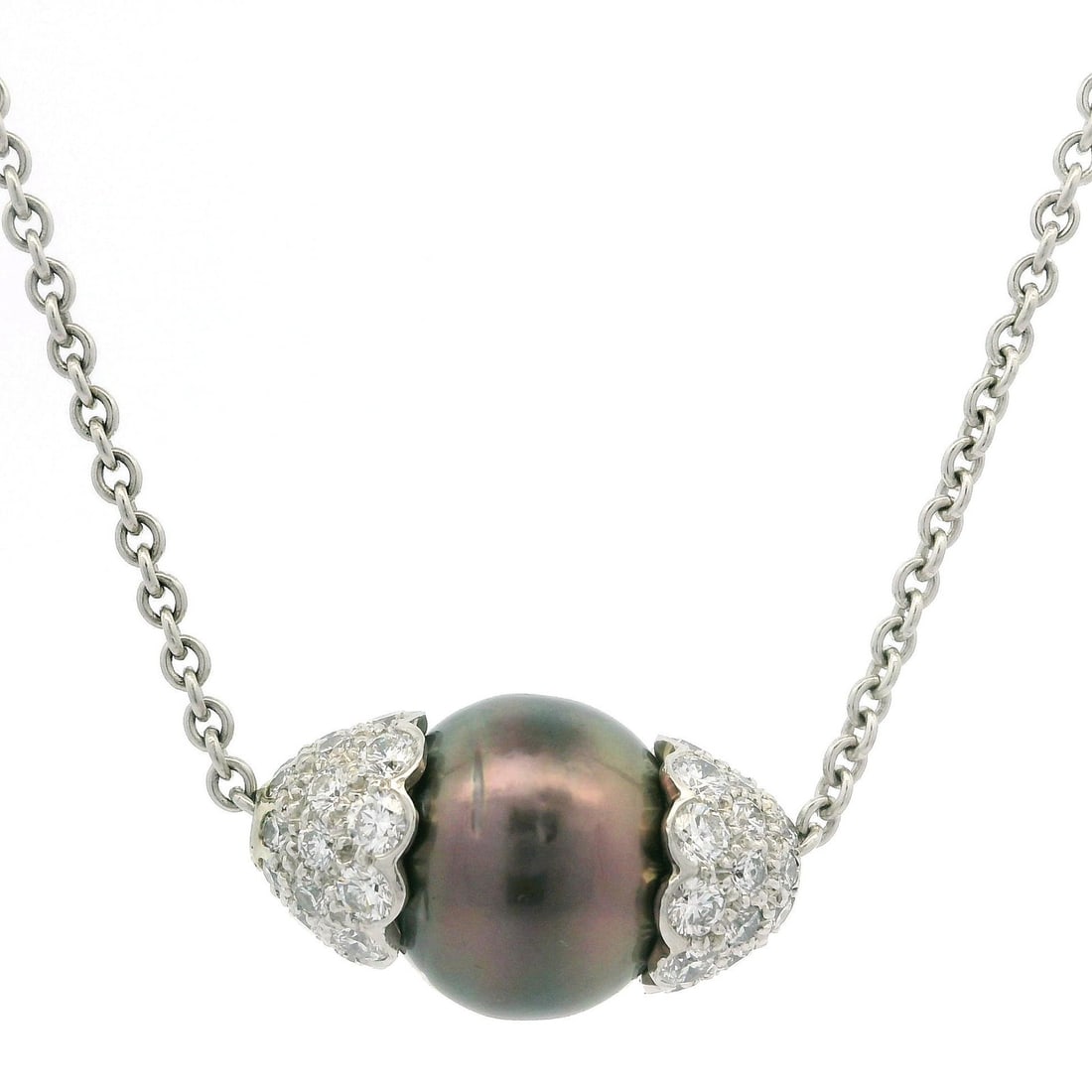 Platinum Tahitian Pearl Slide Pendant with Diamonds on 15.5 Inch Necklace: Platinum Tahitian Pearl Slide Pendant with Diamonds on 15.5 Inch Necklace Elevate your jewelry collection with this exquisite Platinum Tahitian Pearl and Diamond Slide Pendant, elegantly suspended fro