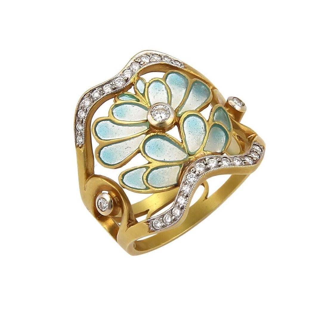 Diamond and Aqua Enamel Floral Wave 18k Gold Band by Masriera Size 6: Diamond and Aqua Enamel Floral Wave 18k Gold Band by Masriera Size 6 This Masriera ring features an open floral wave band crafted in 18k yellow gold, accented with aqua enamel and set with sparkling d