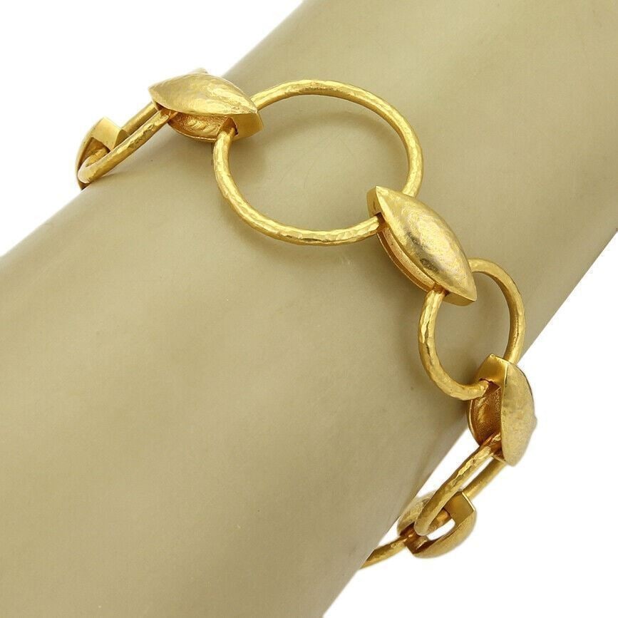 Wheatla 24k Gold Bracelet with Circle and Wheat Links by Gurhan: Wheatla 24k Gold Bracelet with Circle and Wheat Links by Gurhan This Gurhan Wheatla bracelet features an intricate design of assorted circle and wheat links crafted in 24k gold. The piece measures 7.5