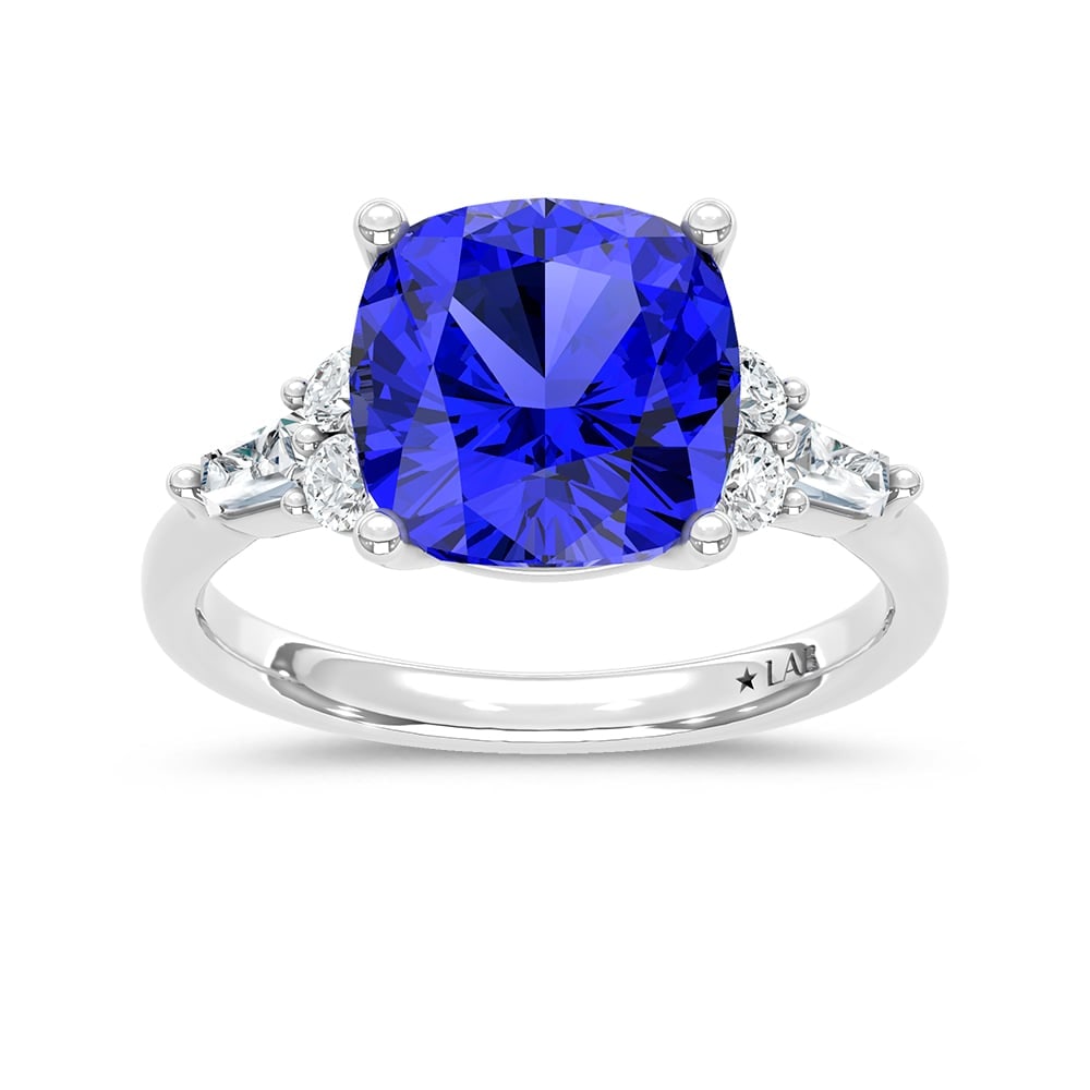 14K White Gold Lab Grown Diamond 4 7/8 Ct.Tw. Cushion Shape Recrystalized Blue Sapphire Engagement: 14K White Gold Lab Grown Diamond 4 7/8 Ct.Tw. Cushion Shape Recrystalized Blue Sapphire Engagement Ring (Center 4 1/2 ct) Make a statement of elegance with this 14K white gold engagement ring, featuri