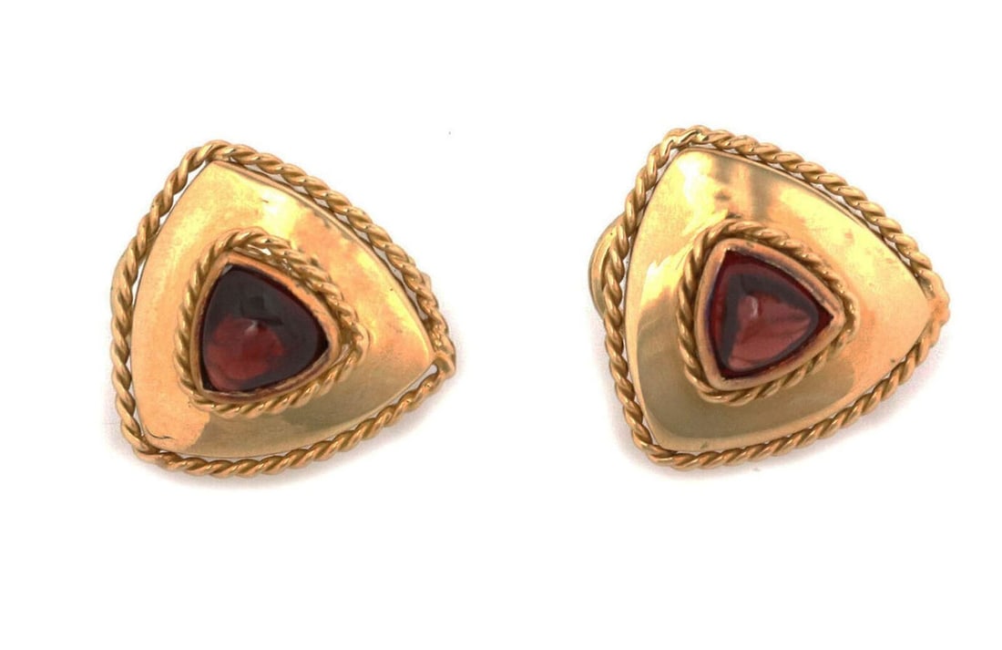 Vintage 14k Yellow Gold Trillion Cabochon Garnet Huggie Stud Earrings (1 of 5)