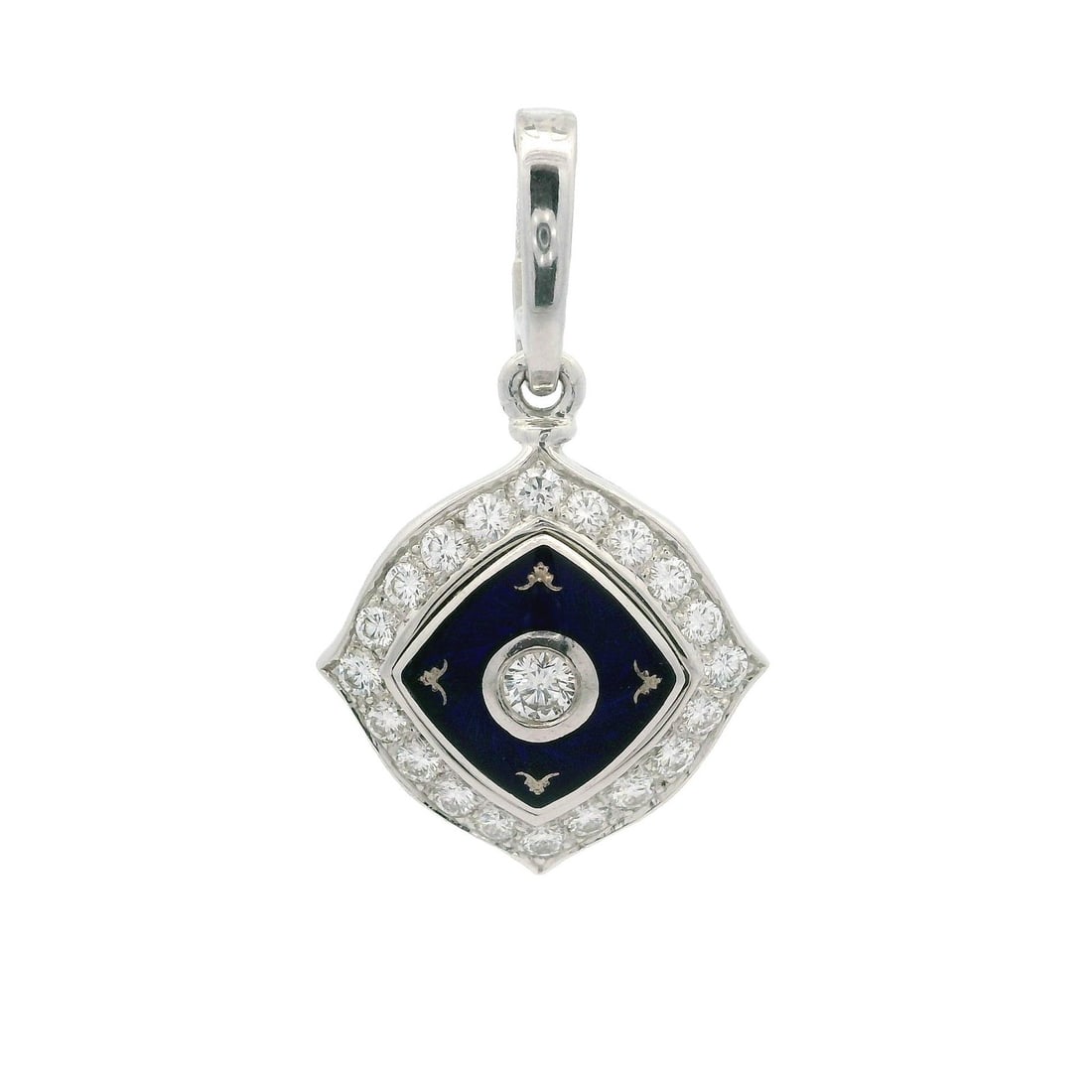 Faberge 18k White Gold Diamond Pendant with Blue Enamel Enhancer: Faberge 18k White Gold Diamond Pendant with Blue Enamel Enhancer This exquisite Faberge pendant showcases a stunning array of (21) natural genuine diamonds, expertly crafted in round brilliant cut and