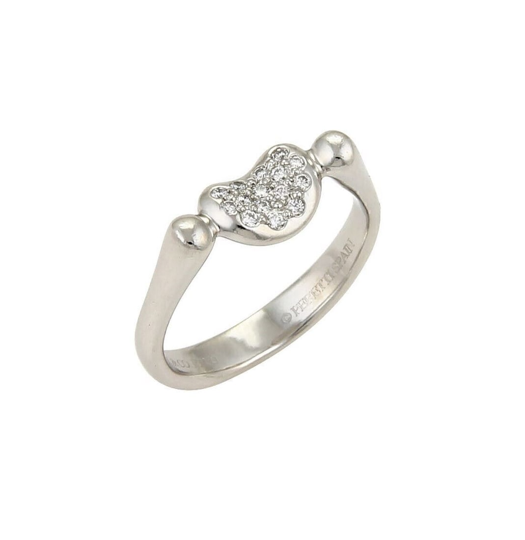 Platinum Mini Bean Diamond Ring by Tiffany Peretti Size 4: Platinum Mini Bean Diamond Ring by Tiffany Peretti Size 4 This Tiffany & Co. Peretti Mini Bean Ring is crafted from platinum and features a delicate design accented with 0.15ct of diamonds. Signed by