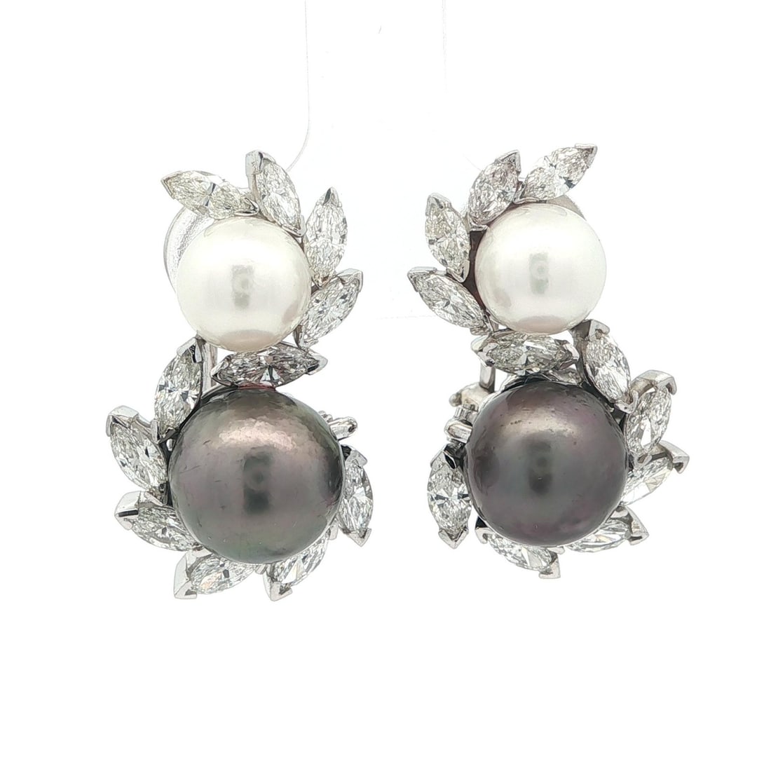 Omega Vintage Gold White Gray Pearl Diamond Swirl Earrings 2.86ctw: Omega Vintage Gold White Gray Pearl Diamond Swirl Earrings 2.86ctw These exquisite vintage earrings showcase a stunning combination of gold, white, and gray pearls along with brilliant marquise-cut di
