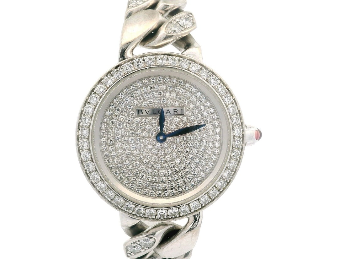 Bvlgari Catene 31mm 18k White Gold Diamond Wristwatch Ref BBCW31G: Bvlgari Catene 31mm 18k White Gold Diamond Wristwatch Ref BBCW31G This exquisite Bvlgari 18k White Gold Catene wristwatch features a stunning diamond bezel, making it a perfect blend of casual eleganc