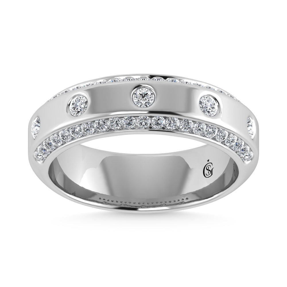 14K White Gold Diamond 3/4 Ct.Tw. Channel and Bezel Set Mens Machine Band: 14K White Gold Diamond 3/4 Ct.Tw. Channel and Bezel Set Mens Machine Band 14k White Gold Stone Color: G-h Stone Clarity: Si2 Each ring is presented in standard size 6.5. Complimentary resizing is avai