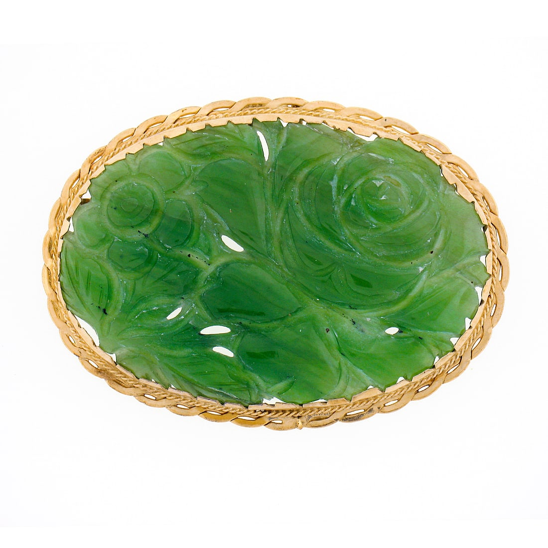 Vintage Floral Carved Jade Brooch Pendant in 12K Yellow Gold Frame: Vintage Floral Carved Jade Brooch Pendant in 12K Yellow Gold Frame This exquisite vintage floral carved jade pin brooch pendant features a stunning solid 12K yellow gold frame with a 14K gold pin. Ado