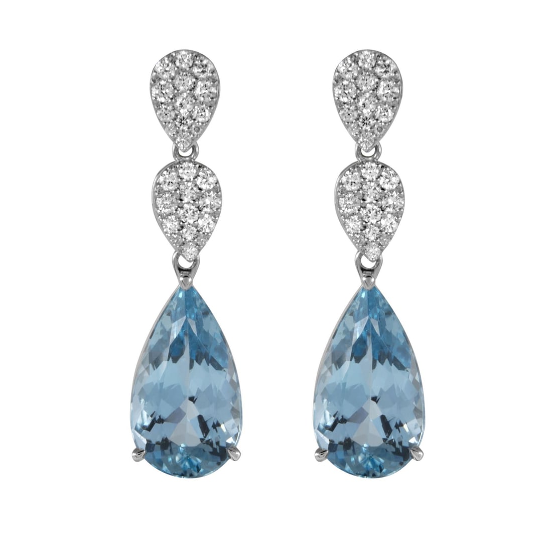 6.02ct GIA Aquamarine Diamond Earrings 18k White Gold: 6.02ct GIA Aquamarine Diamond Earrings 18k White Gold These stunning contemporary drop earrings feature a captivating design with two pear-shaped aquamarines and 52 round diamonds. The aquamarines tot