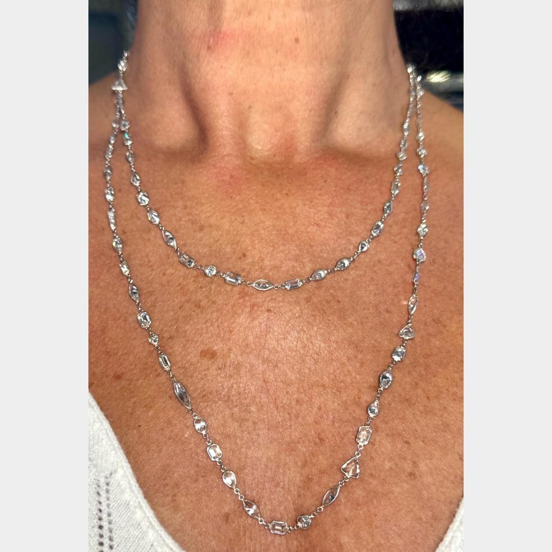 Platinum 36.20 Ct Diamond by the Yard Necklace 42 Inch: Platinum 36.20 Ct Diamond by the Yard Necklace 42 Inch Exquisite Platinum Diamond by the Yard Necklace featuring a stunning total of 105 Fancy-shape Diamonds, weighing approximately 36.20 Ct. This lux