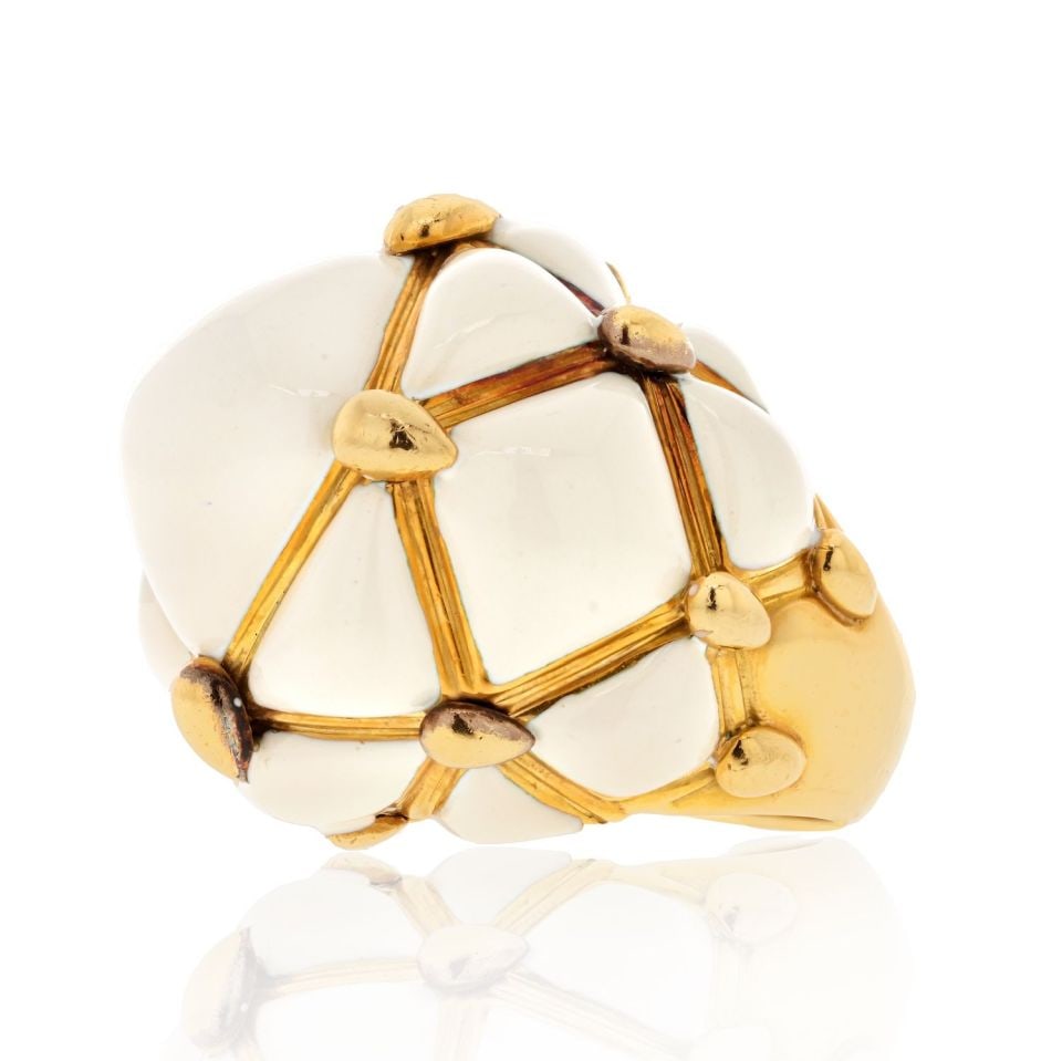 David Webb Geodesic Dome Cocktail Ring Platinum 18K Yellow Gold Cream Enamel: David Webb Geodesic Dome Cocktail Ring Platinum 18K Yellow Gold Cream Enamel Make a bold statement with this exquisite David Webb Geodesic Patterned Domed Cocktail Ring. Crafted from a luxurious combi